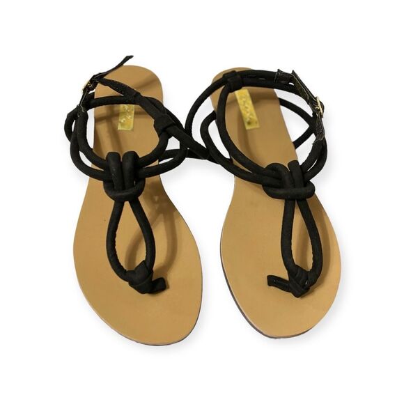 Black Rope T Strap Knot Buckle Closure Flat Sandals NEW - Picture 2 of 4